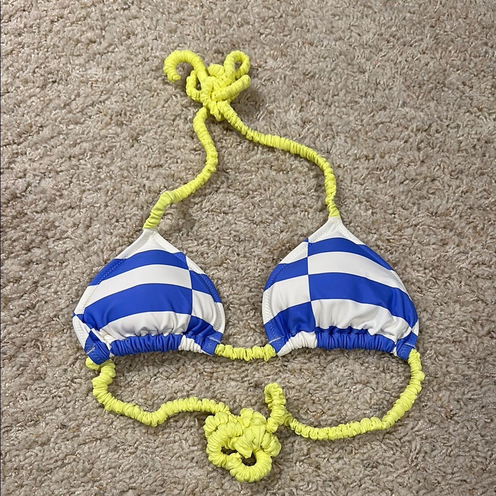 aerie Blue & White Striped Bikini Top with Neon Yellow Ties